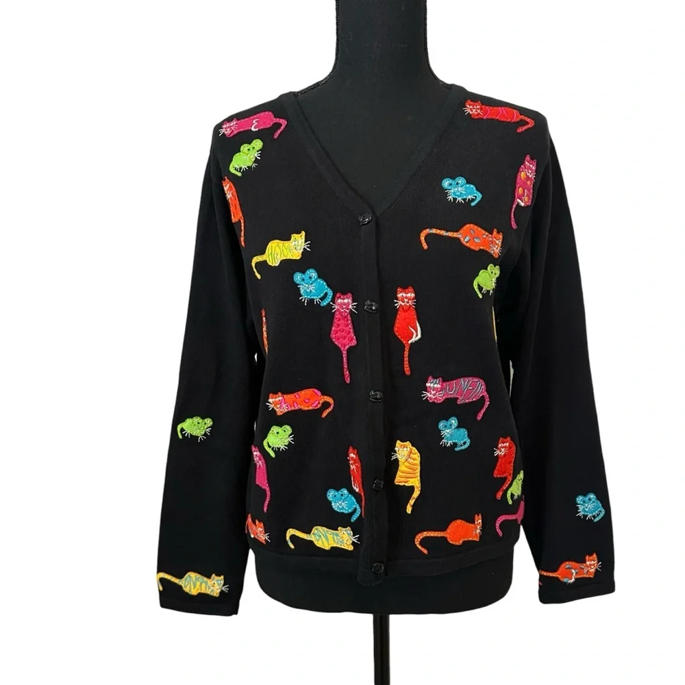 Vintage Cat Cardigan Sweater Embroidered Animal Colorful Funky Size Large - Picture 7 of 7